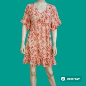 AGQT Flirty Coral Pink Watercolor Ruffle Mini Skater Dress Small